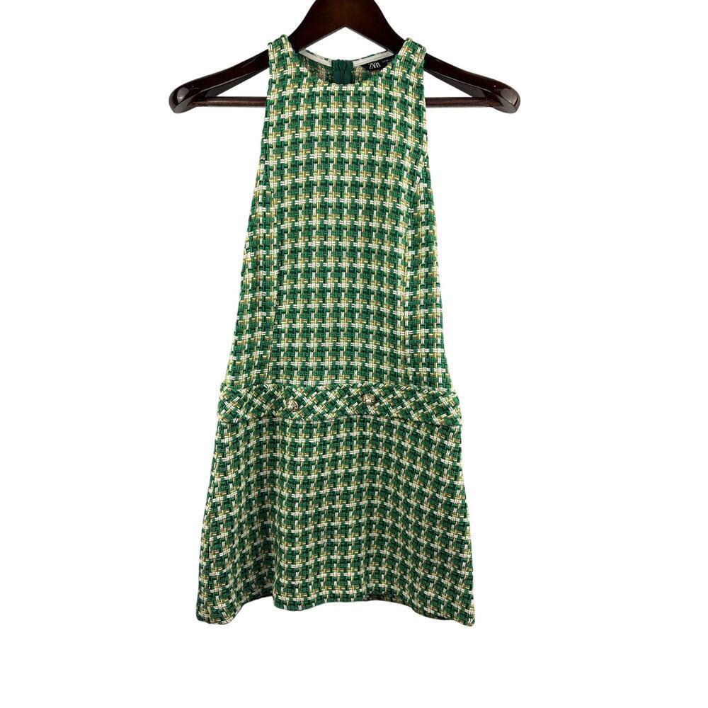 Women’s Zara XS Green, White, & Brown 60’s Style Sleeveless Mini Dress